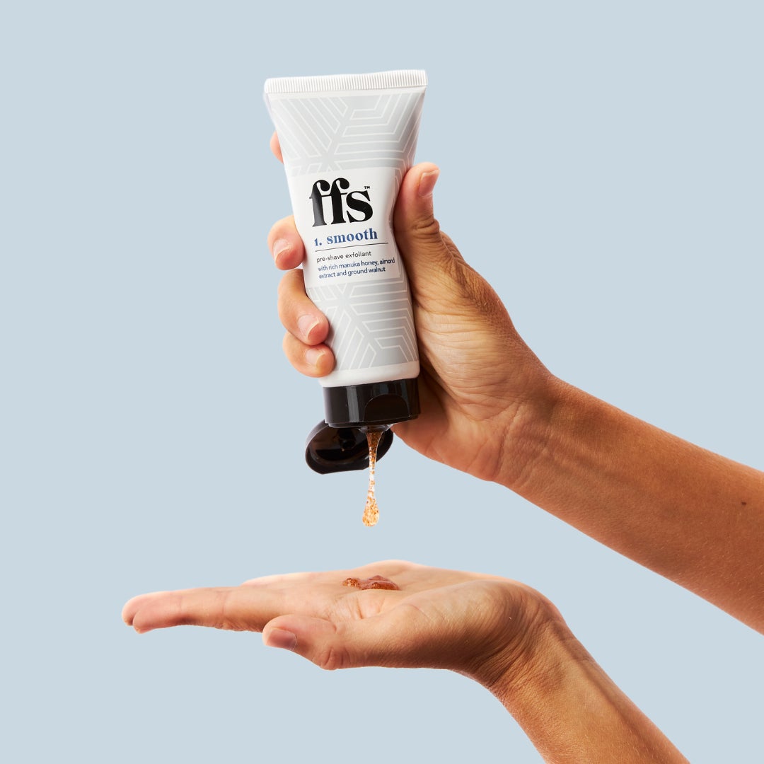 FFS pre-shave scrub 100ml tube squeezing onto hands