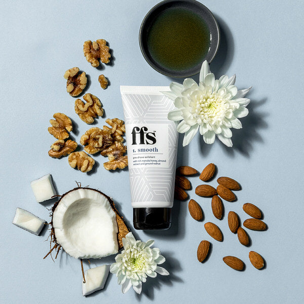 FFS Shave cream surrounded by a pot of manuka honey, almonds, coconut and flowers