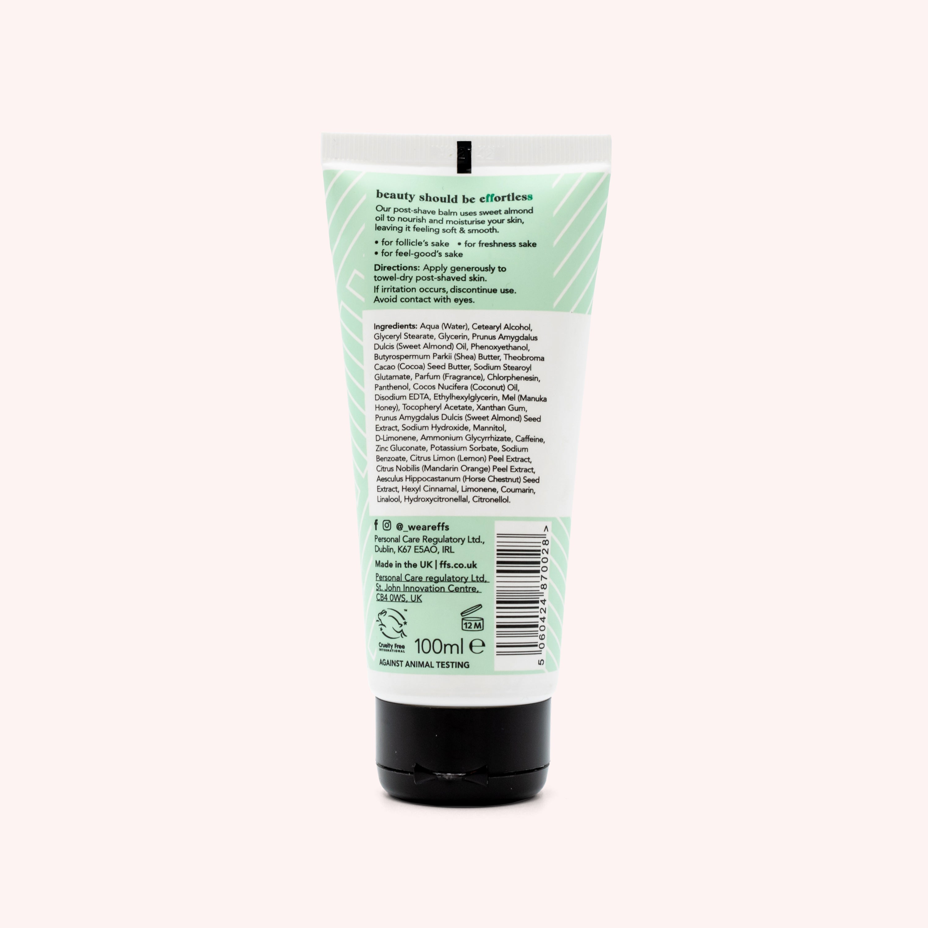 Soothing Hydrating Post Shave Balm back of bottle by FFS Beauty